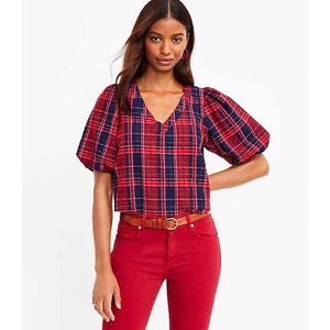 NWT LOFT Plaid Balloon Sleeve V-Neck Top Size XL